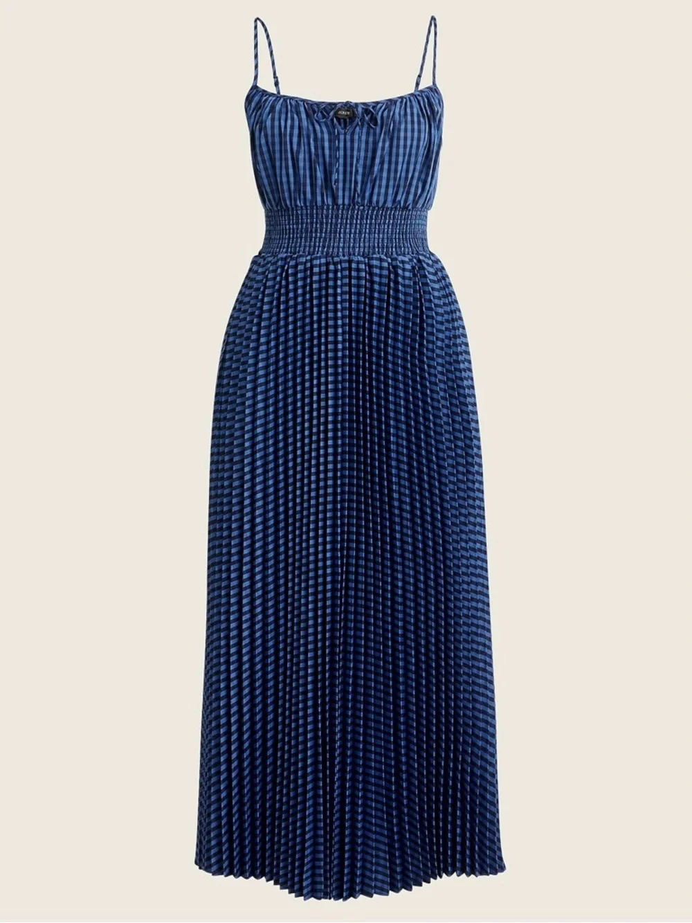 NWT J. Crew Smocked Waist Gingham Blue Pleated Cottagecore Peasant Midi Dress - Picture 1 of 6